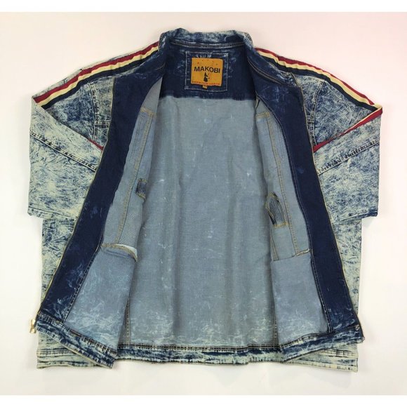 Makobi Mens 6XB Acid Wash Blue Denim Jean Track Jacket Distressed Faded Stripes - Picture 6 of 12